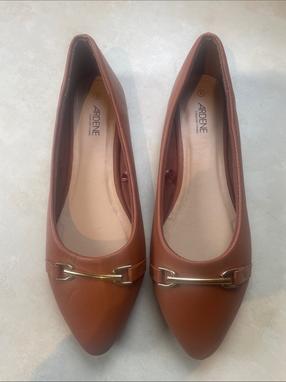 Ardene Women's Brown Pointed-Toe Ballet Flats with Gold Accent Size 8